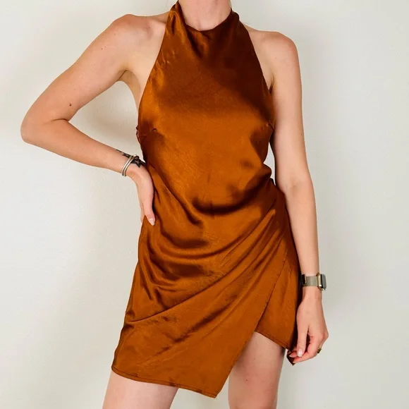 New Hello Molly bronze mini halter dress open back - Picture 2 of 11